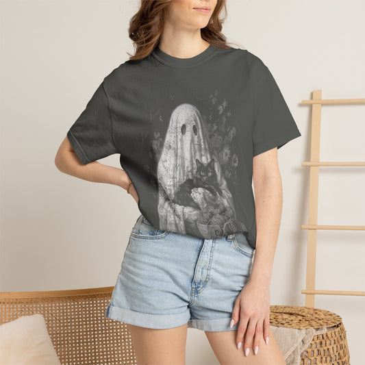 Ghost Holding Black Cat Yarn Bowl Shirt, Spooky Crochet Halloween Gift, Comfort Colors Painterly Tee | Shepherds Cottage
