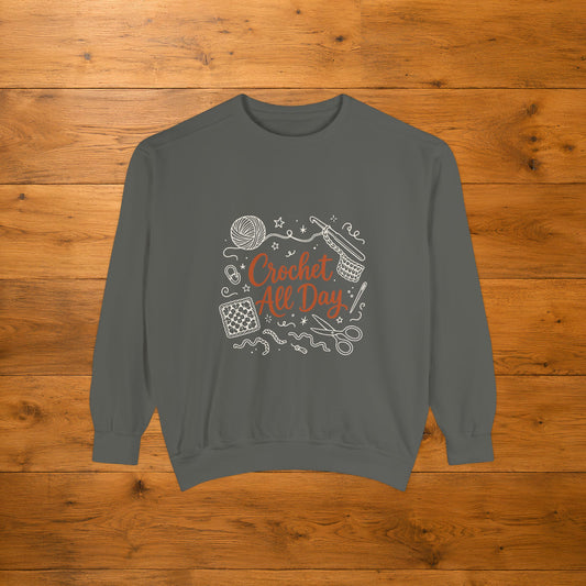 Crochet All Day Sweatshirt, Crocheter Gift Crewneck, Yarn Lover Doodle Graphic, Cozy Craft Sweater | Shepherds Cottage