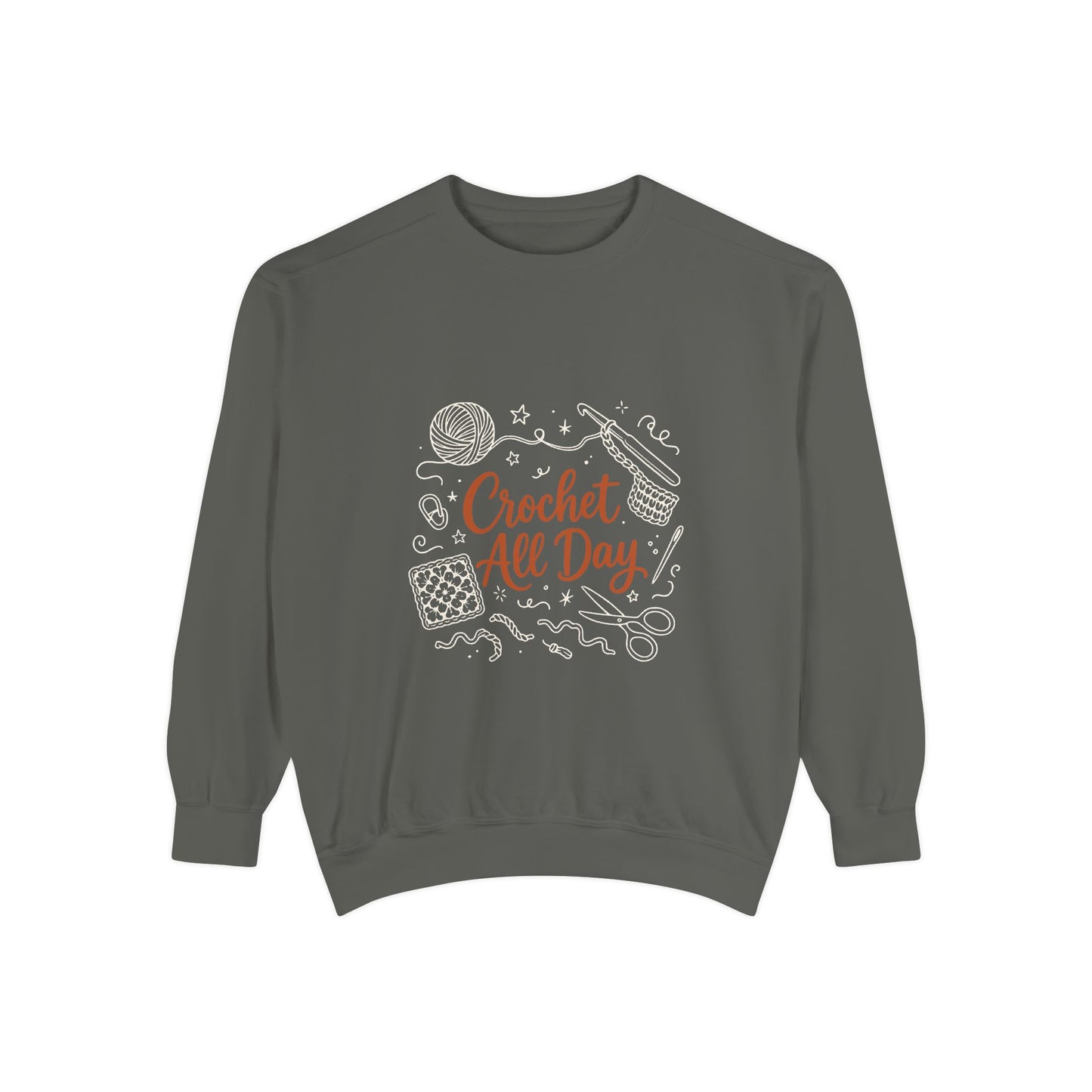 Crochet All Day Sweatshirt, Crocheter Gift Crewneck, Yarn Lover Doodle Graphic, Cozy Craft Sweater | Shepherds Cottage