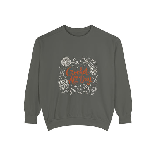 Crochet All Day Sweatshirt, Crocheter Gift Crewneck, Yarn Lover Doodle Graphic, Cozy Craft Sweater | Shepherds Cottage