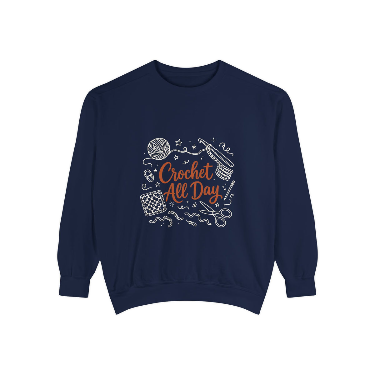 Crochet All Day Sweatshirt, Crocheter Gift Crewneck, Yarn Lover Doodle Graphic, Cozy Craft Sweater | Shepherds Cottage
