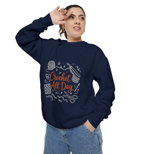 Crochet All Day Sweatshirt, Crocheter Gift Crewneck, Yarn Lover Doodle Graphic, Cozy Craft Sweater | Shepherds Cottage