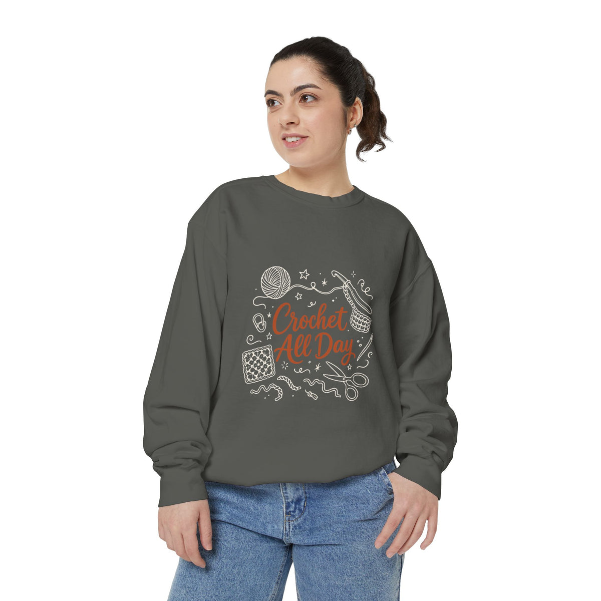 Crochet All Day Sweatshirt, Crocheter Gift Crewneck, Yarn Lover Doodle Graphic, Cozy Craft Sweater | Shepherds Cottage