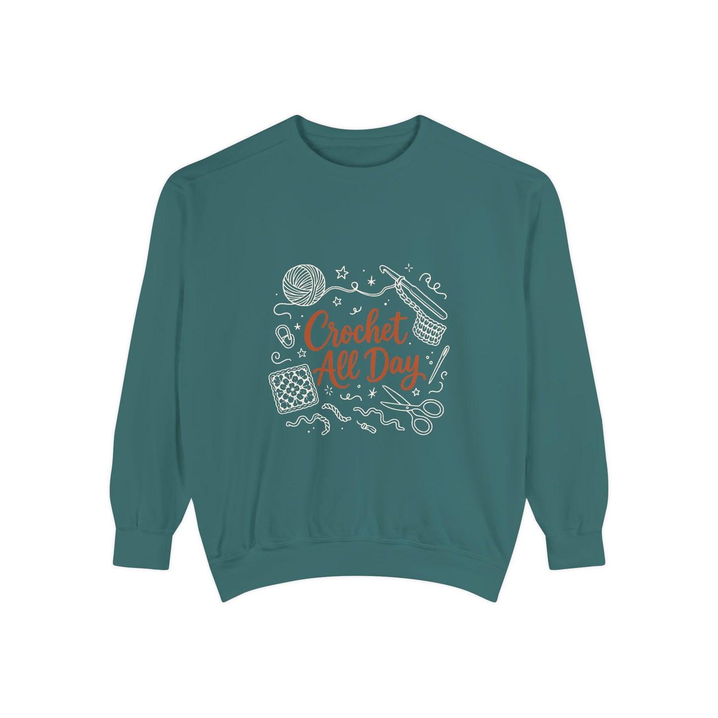 Crochet All Day Sweatshirt, Crocheter Gift Crewneck, Yarn Lover Doodle Graphic, Cozy Craft Sweater | Shepherds Cottage