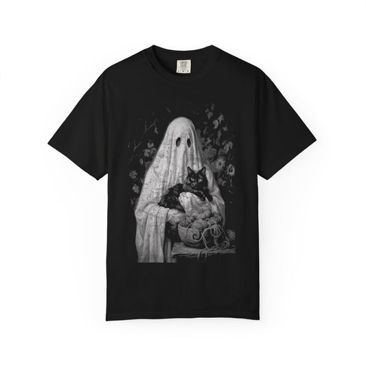 Ghost Holding Black Cat Yarn Bowl Shirt, Spooky Crochet Halloween Gift, Comfort Colors Painterly Tee | Shepherds Cottage