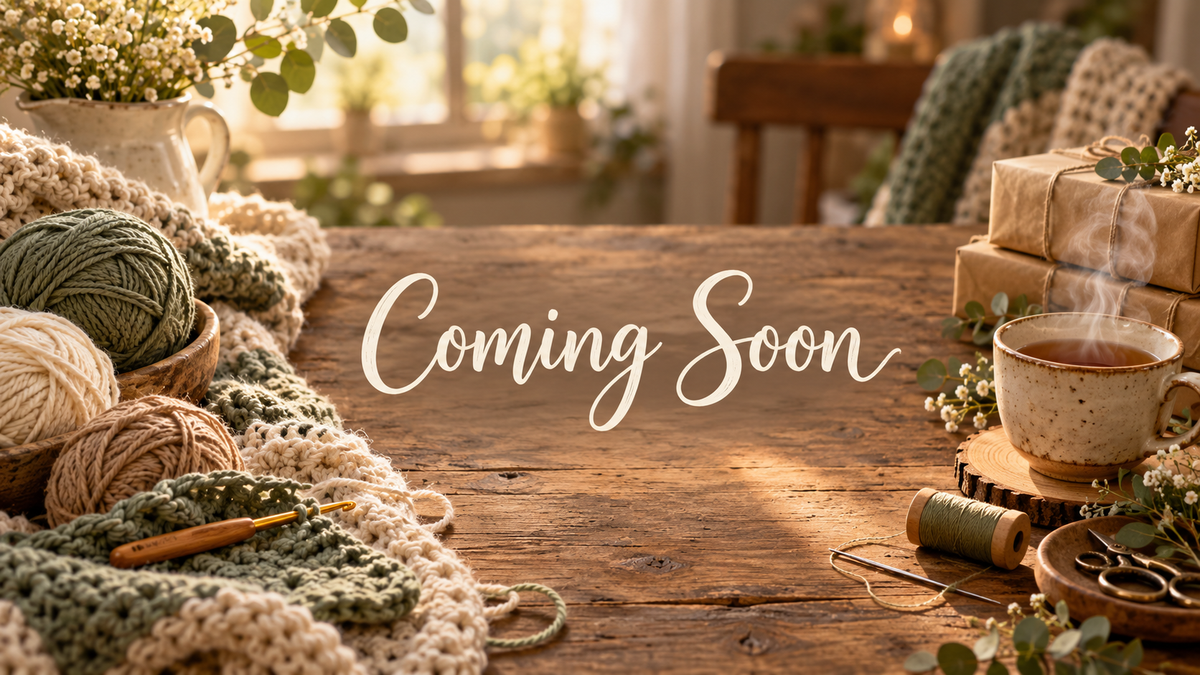 Cozy handmade scene with yarn, crochet, kraft parcels and tea on a wooden table, with the words Coming Soon