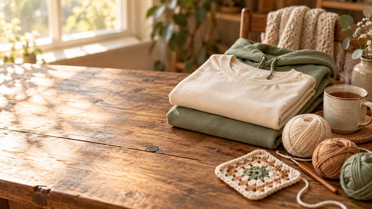Cream t-shirt and sage-green hoodie folded on a rustic wooden table with yarn, a crochet hook and a mug of tea