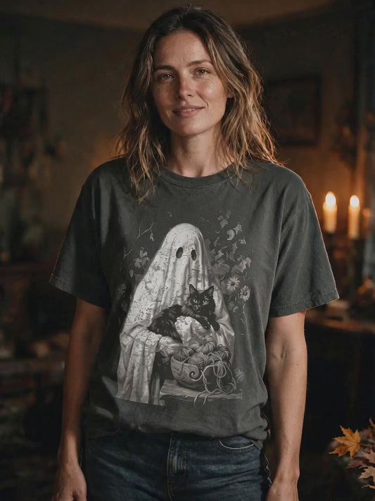 Ghost Holding Black Cat Yarn Bowl Shirt, Spooky Crochet Halloween Gift, Comfort Colors Painterly Tee | Shepherds Cottage