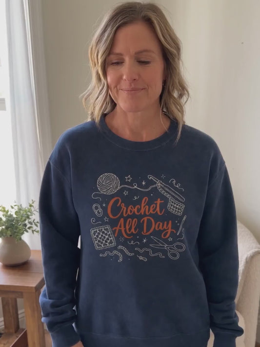 Crochet All Day Sweatshirt, Crocheter Gift Crewneck, Yarn Lover Doodle Graphic, Cozy Craft Sweater | Shepherds Cottage